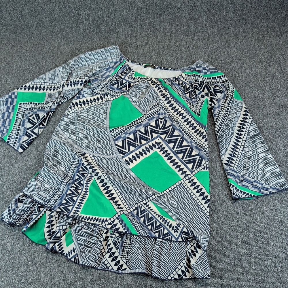 LTX USA Womens Tunic Top L Green Navy Geometric Tribal Bell Sleeve Boho Ruffle — photo 2